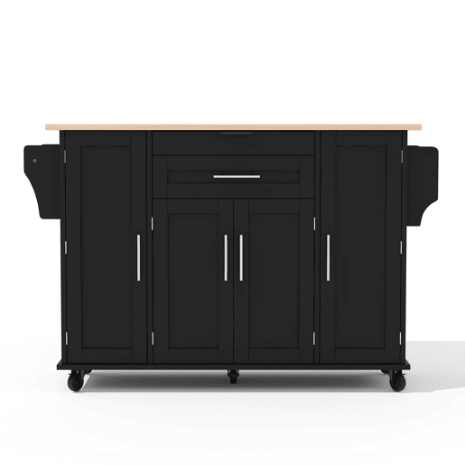 Ilha de cozinha móvel 120x45 cm - Bancada extensível 70 cm, gaveta oculta, prateleiras ajustáveis, prateleira para especiarias, suporte para toalhas - Preto e Natural