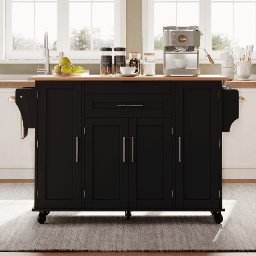 Ilha de cozinha móvel 120x45 cm - Bancada extensível 70 cm, gaveta oculta, prateleiras ajustáveis, prateleira para especiarias, suporte para toalhas - Preto e Natural