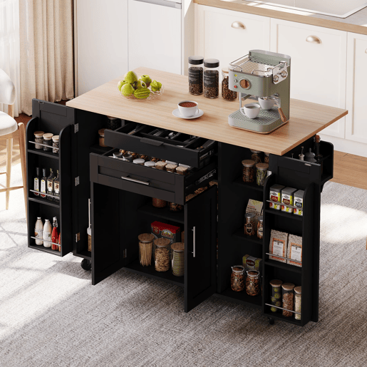 Ilha de cozinha móvel 120x45 cm - Bancada extensível 70 cm, gaveta oculta, prateleiras ajustáveis, prateleira para especiarias, suporte para toalhas - Preto e Natural