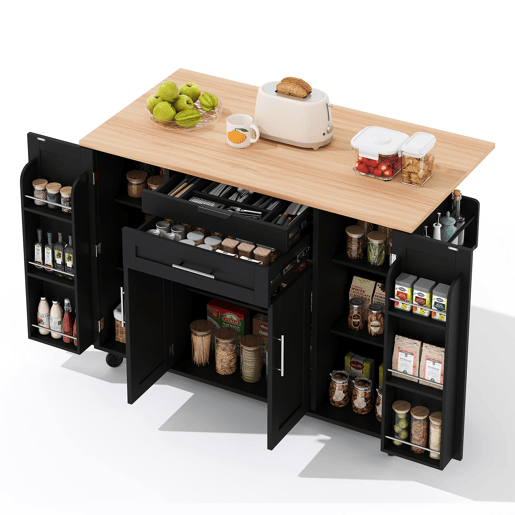 Ilha de cozinha móvel 120x45 cm - Bancada extensível 70 cm, gaveta oculta, prateleiras ajustáveis, prateleira para especiarias, suporte para toalhas - Preto e Natural