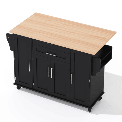 Ilha de cozinha móvel 120x45 cm - Bancada extensível 70 cm, gaveta oculta, prateleiras ajustáveis, prateleira para especiarias, suporte para toalhas - Preto e Natural