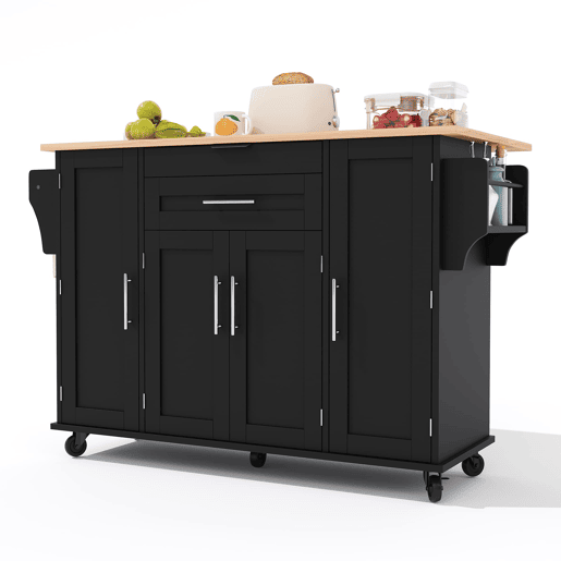 Ilha de cozinha móvel 120x45 cm - Bancada extensível 70 cm, gaveta oculta, prateleiras ajustáveis, prateleira para especiarias, suporte para toalhas - Preto e Natural
