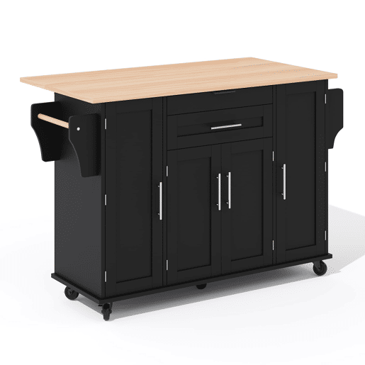 Ilha de cozinha móvel 120x45 cm - Bancada extensível 70 cm, gaveta oculta, prateleiras ajustáveis, prateleira para especiarias, suporte para toalhas - Preto e Natural