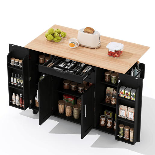 Ilha de cozinha móvel 120x45 cm - Bancada extensível 70 cm, gaveta oculta, prateleiras ajustáveis, prateleira para especiarias, suporte para toalhas - Preto e Natural