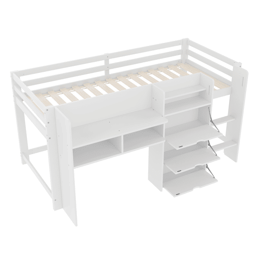 Cama semi-alta 90x200 cm - Casa, vários compartimentos de arrumação, área de entretenimento, branca