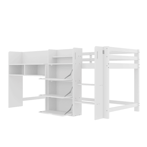 Cama semi-alta 90x200 cm - Casa, vários compartimentos de arrumação, área de entretenimento, branca