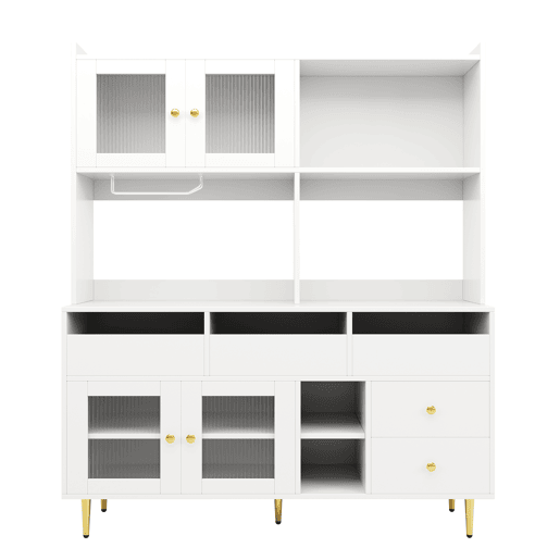 Armário de sala de jantar moderno 145x39x171 cm - Portas de vidro Chambray, prateleira para copos de vinho, armazenamento em camadas - Branco