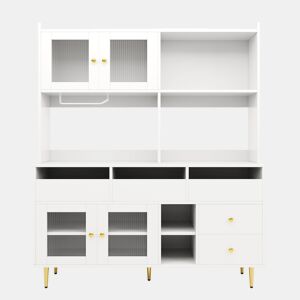 Armário de sala de jantar moderno 145x39x171 cm - Portas de vidro Chambray, prateleira para copos de vinho, armazenamento em camadas - Branco