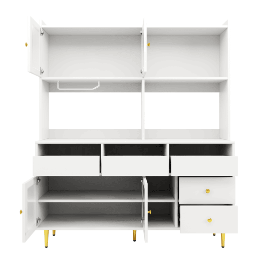 Armário de sala de jantar moderno 145x39x171 cm - Portas de vidro Chambray, prateleira para copos de vinho, armazenamento em camadas - Branco