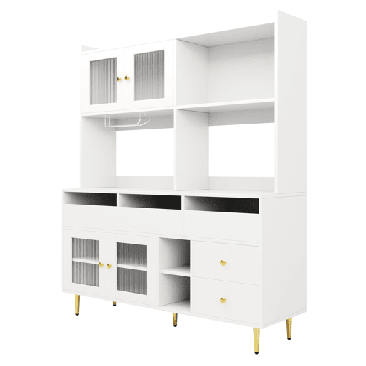 Armário de sala de jantar moderno 145x39x171 cm - Portas de vidro Chambray, prateleira para copos de vinho, armazenamento em camadas - Branco