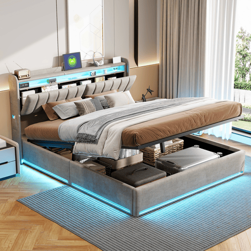 Cama estofada de 160 x 200 cm com carregamento USB, cama de casal para jovens, cama com arrumação, iluminação LED e cabeceira com arrumação, estrado de ripas hidráulico.