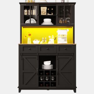 Armário de cozinha 105x38,4x180 cm - Vitrina com prateleiras ajustáveis, aparador com iluminação LED, cores de luz variáveis - Preto