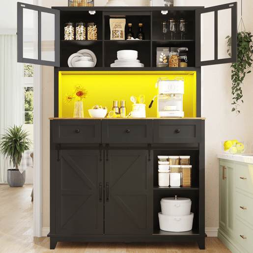 Armário de cozinha 105x38,4x180 cm - Vitrina com prateleiras ajustáveis, aparador com iluminação LED, cores de luz variáveis - Preto