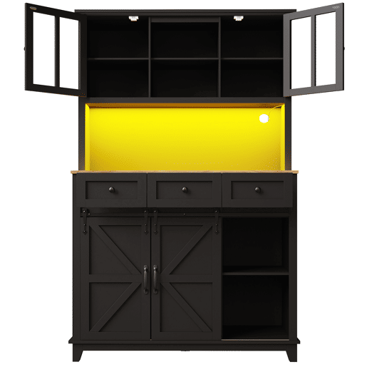Armário de cozinha 105x38,4x180 cm - Vitrina com prateleiras ajustáveis, aparador com iluminação LED, cores de luz variáveis - Preto