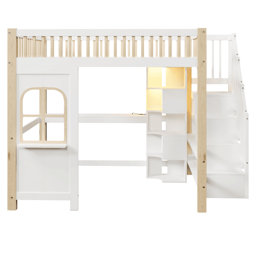Cama alta 140x200 cm - Com luzes LED, forma de janela, secretária, prateleira e tomada elétrica - Branco+Natural