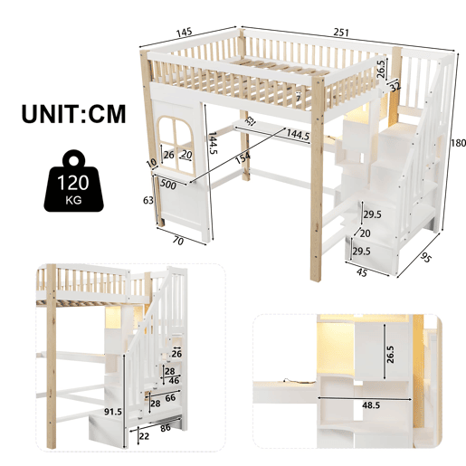 Cama alta 140x200 cm - Com luzes LED, forma de janela, secretária, prateleira e tomada elétrica - Branco+Natural