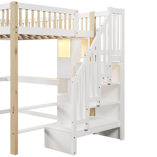 Cama alta 140x200 cm - Com luzes LED, forma de janela, secretária, prateleira e tomada elétrica - Branco+Natural