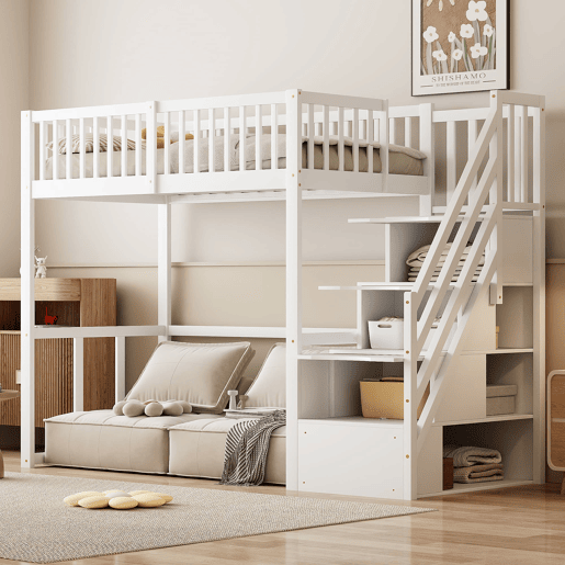 Cama alta 90x200 cm - Escada de segurança e arrumação - Estrutura em madeira maciça - Branca Cama alta 90x200 cm - Escada de segurança e arrumação - Estrutura em madeira maciça - Branca