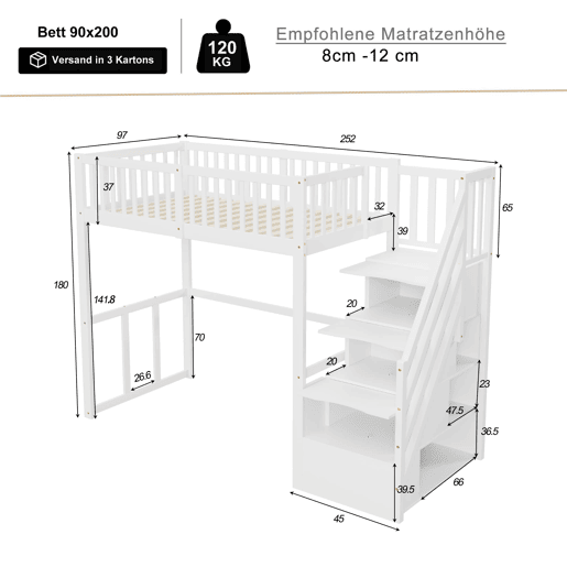 Cama alta 90x200 cm - Escada de segurança e arrumação - Estrutura em madeira maciça - Branca Cama alta 90x200 cm - Escada de segurança e arrumação - Estrutura em madeira maciça - Branca