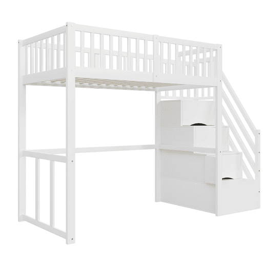 Cama alta 90x200 cm - Escada de segurança e arrumação - Estrutura em madeira maciça - Branca Cama alta 90x200 cm - Escada de segurança e arrumação - Estrutura em madeira maciça - Branca
