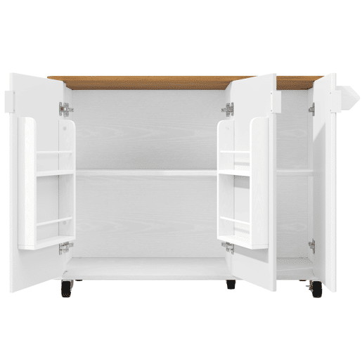 Ilha de cozinha 130x45(75)x92cm - Carrinho de cozinha em madeira, prateleira para especiarias, 3 portas, branco Ilha de cozinha 130x45(75)x92cm - Carrinho de cozinha em madeira, prateleira para especiarias, 3 portas, branco