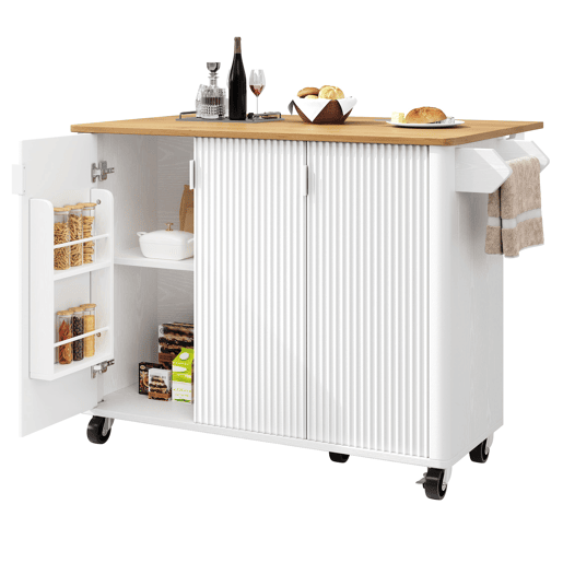 Ilha de cozinha 130x45(75)x92cm - Carrinho de cozinha em madeira, prateleira para especiarias, 3 portas, branco Ilha de cozinha 130x45(75)x92cm - Carrinho de cozinha em madeira, prateleira para especiarias, 3 portas, branco