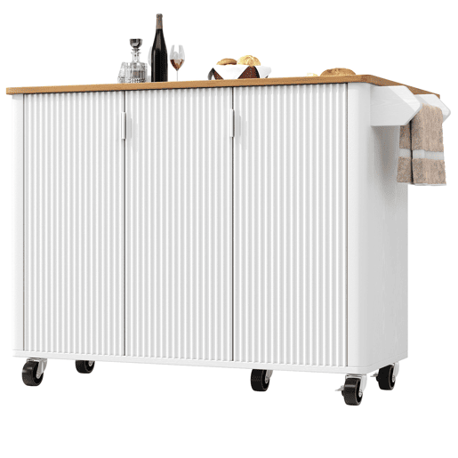 Ilha de cozinha 130x45(75)x92cm - Carrinho de cozinha em madeira, prateleira para especiarias, 3 portas, branco Ilha de cozinha 130x45(75)x92cm - Carrinho de cozinha em madeira, prateleira para especiarias, 3 portas, branco