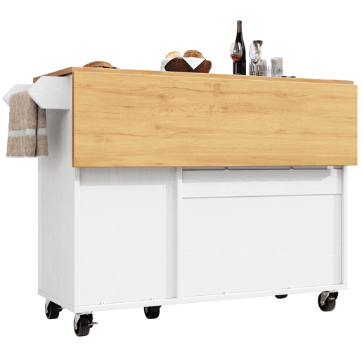 Ilha de cozinha 130x45(75)x92cm - Carrinho de cozinha em madeira, prateleira para especiarias, 3 portas, branco Ilha de cozinha 130x45(75)x92cm - Carrinho de cozinha em madeira, prateleira para especiarias, 3 portas, branco