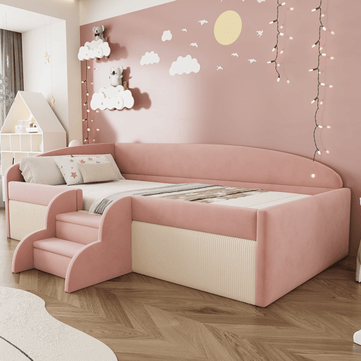 Cama multifuncional 90x190 cm - Com degraus e barreiras - Veludo macio - Rosa + Branco creme Cama multifuncional 90x190 cm - Com degraus e barreiras - Veludo macio - Rosa + Branco creme