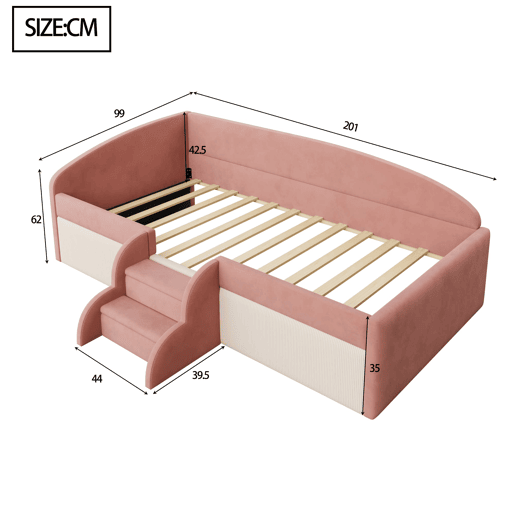 Cama multifuncional 90x190 cm - Com degraus e barreiras - Veludo macio - Rosa + Branco creme Cama multifuncional 90x190 cm - Com degraus e barreiras - Veludo macio - Rosa + Branco creme