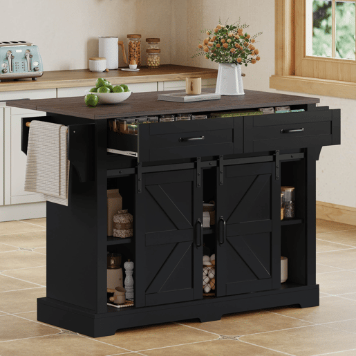 Ilha de cozinha 120x45x91 cm - bancada rebatível, rodas, portas deslizantes e gavetas - preto
