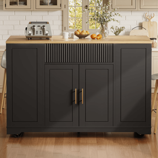 Ilha de cozinha com rodas 120x50x92 cm - Com compartimento para lixo, 2 portas e 3 gavetas - Preto