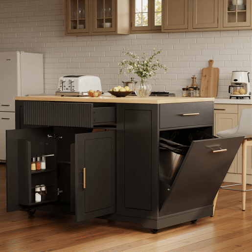 Ilha de cozinha com rodas 120x50x92 cm - Com compartimento para lixo, 2 portas e 3 gavetas - Preto