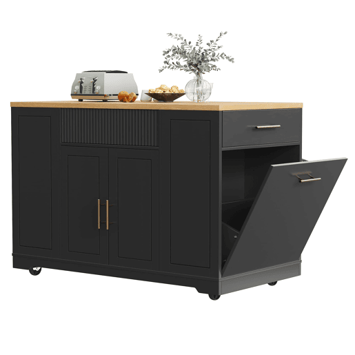 Ilha de cozinha com rodas 120x50x92 cm - Com compartimento para lixo, 2 portas e 3 gavetas - Preto