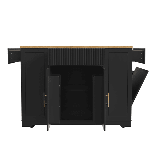 Ilha de cozinha com rodas 120x50x92 cm - Com compartimento para lixo, 2 portas e 3 gavetas - Preto