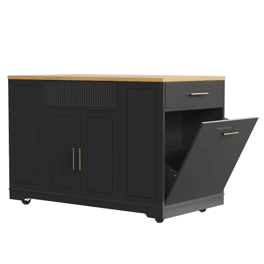 Ilha de cozinha com rodas 120x50x92 cm - Com compartimento para lixo, 2 portas e 3 gavetas - Preto