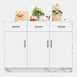 Ilha de cozinha grande 120x60x90,5 cm - 3 gavetas, 3 portas, design em mármore branco, prateleiras ajustáveis, gavetas silenciosas, zona de bar - Branco