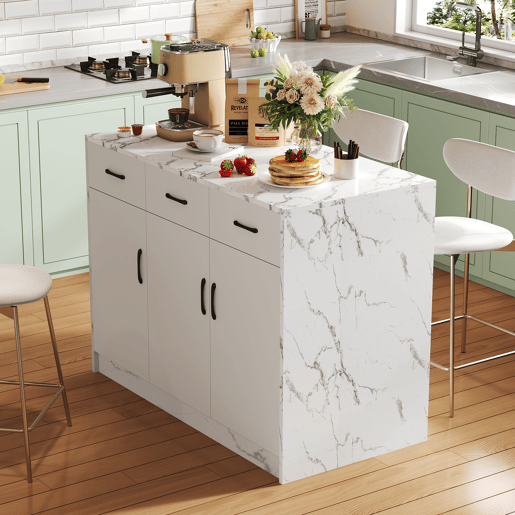 Ilha de cozinha grande 120x60x90,5 cm - 3 gavetas, 3 portas, design em mármore branco, prateleiras ajustáveis, gavetas silenciosas, zona de bar - Branco