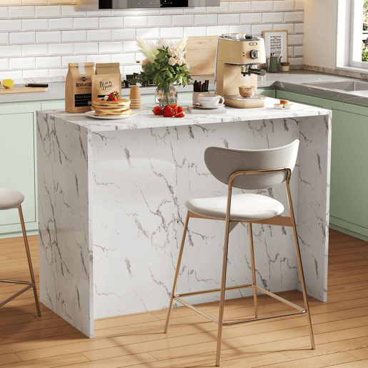 Ilha de cozinha grande 120x60x90,5 cm - 3 gavetas, 3 portas, design em mármore branco, prateleiras ajustáveis, gavetas silenciosas, zona de bar - Branco