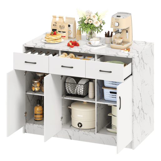 Ilha de cozinha grande 120x60x90,5 cm - 3 gavetas, 3 portas, design em mármore branco, prateleiras ajustáveis, gavetas silenciosas, zona de bar - Branco