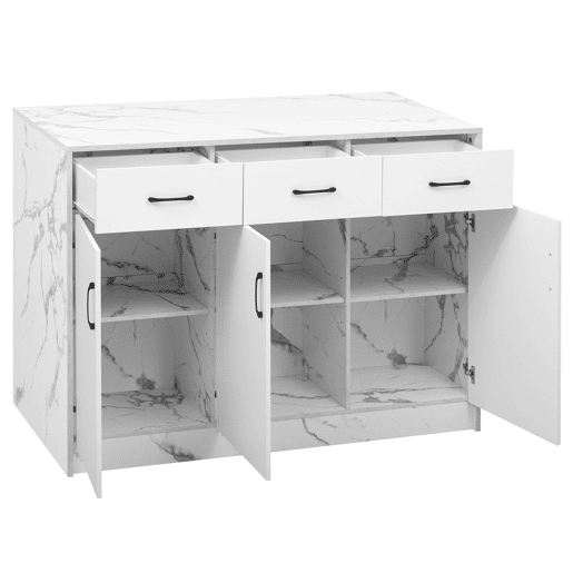 Ilha de cozinha grande 120x60x90,5 cm - 3 gavetas, 3 portas, design em mármore branco, prateleiras ajustáveis, gavetas silenciosas, zona de bar - Branco