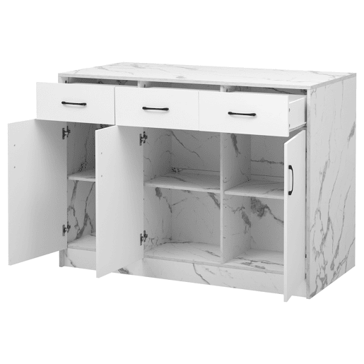 Ilha de cozinha grande 120x60x90,5 cm - 3 gavetas, 3 portas, design em mármore branco, prateleiras ajustáveis, gavetas silenciosas, zona de bar - Branco