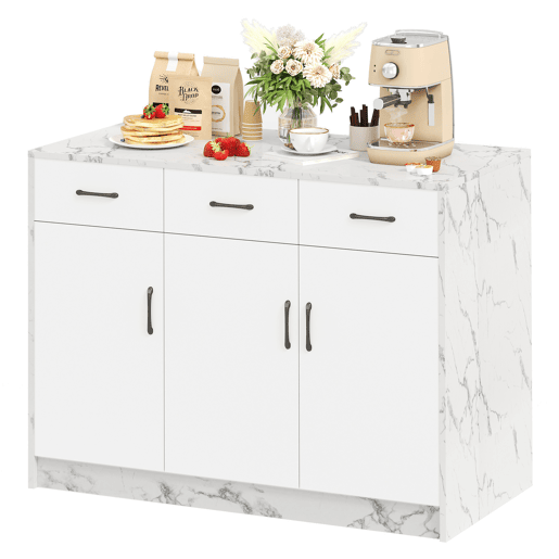 Ilha de cozinha grande 120x60x90,5 cm - 3 gavetas, 3 portas, design em mármore branco, prateleiras ajustáveis, gavetas silenciosas, zona de bar - Branco