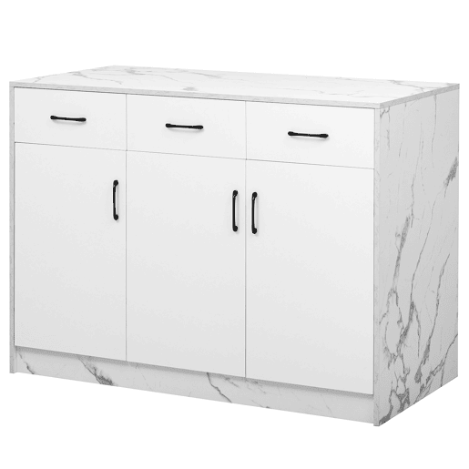 Ilha de cozinha grande 120x60x90,5 cm - 3 gavetas, 3 portas, design em mármore branco, prateleiras ajustáveis, gavetas silenciosas, zona de bar - Branco