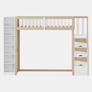 Cama alta multifuncional 90x200 cm - Com prateleiras, armário e escada de segurança - Branco + madeira natural