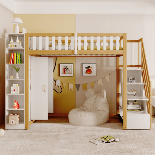Cama alta multifuncional 90x200 cm - Com prateleiras, armário e escada de segurança - Branco + madeira natural