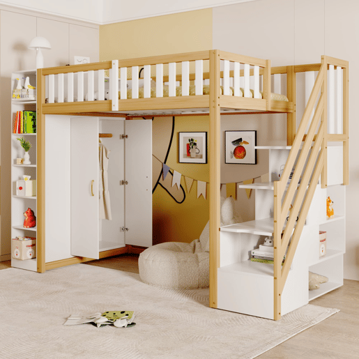 Cama alta multifuncional 90x200 cm - Com prateleiras, armário e escada de segurança - Branco + madeira natural