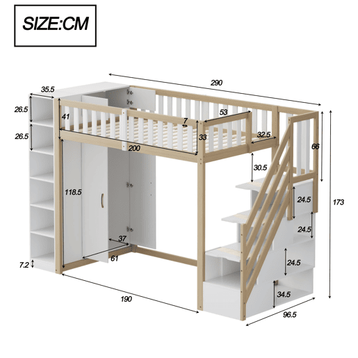 Cama alta multifuncional 90x200 cm - Com prateleiras, armário e escada de segurança - Branco + madeira natural
