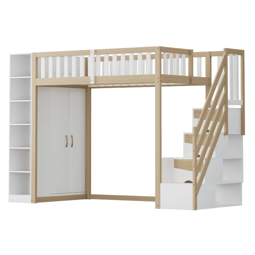 Cama alta multifuncional 90x200 cm - Com prateleiras, armário e escada de segurança - Branco + madeira natural