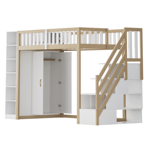 Cama alta multifuncional 90x200 cm - Com prateleiras, armário e escada de segurança - Branco + madeira natural